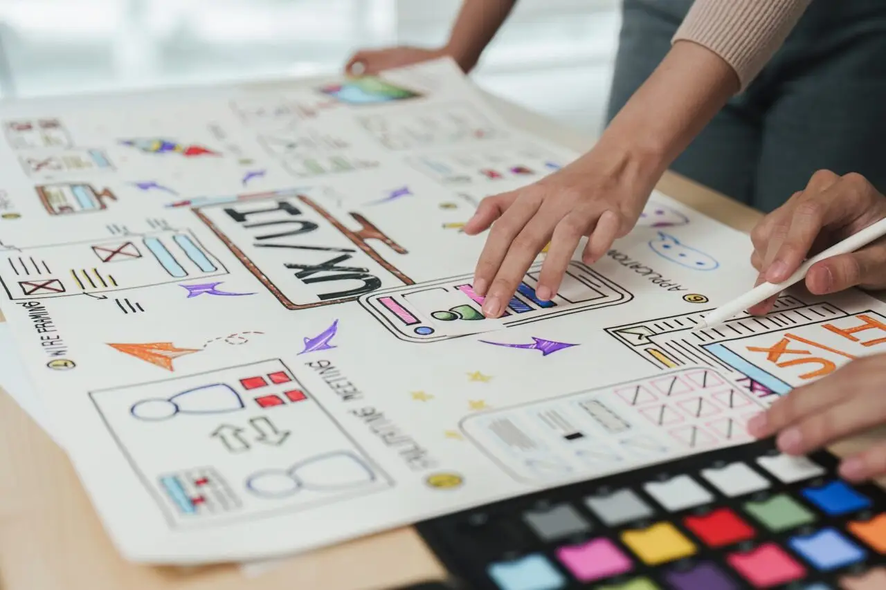 close up ux developer and ui designer brainstorming interface wireframe design creative digital
